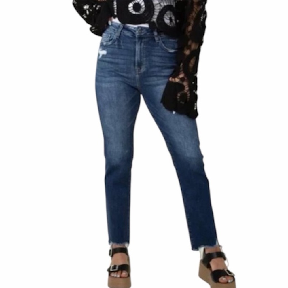 Mica Los Angeles Straight Leg‎ High Rise Raw Hem Distressed Crop Jeans Size 28